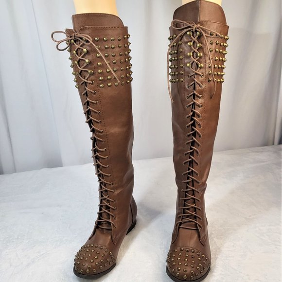 Pink Dutchess Chunky Heel Lace-Up Over The Knee Riding Boots With Studds - Picture 2 of 9